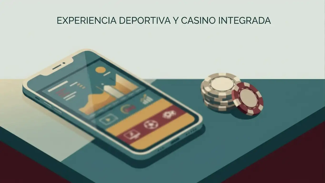 Ilustración editorial de un móvil con marcador deportivo abstracto junto a fichas de casino sin marcas reales