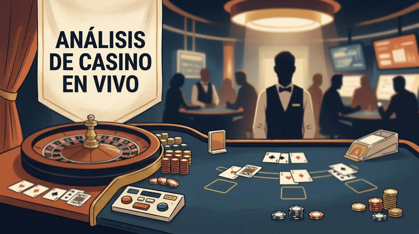Ilustración editorial genérica de una mesa de ruleta y cartas de blackjack en un entorno de casino en vivo sin marcas reales