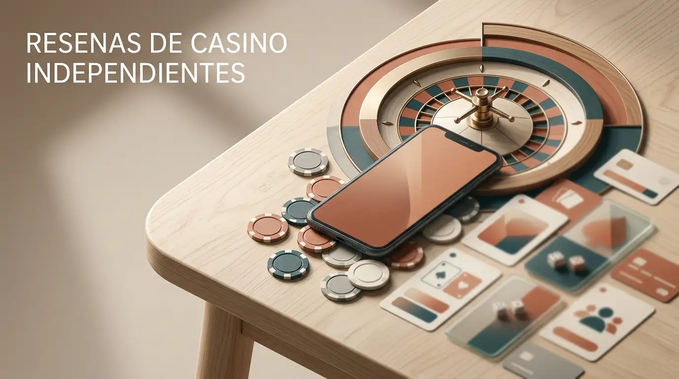 Ilustración editorial de una experiencia de casino online en español con móvil, ruleta y fichas abstractas