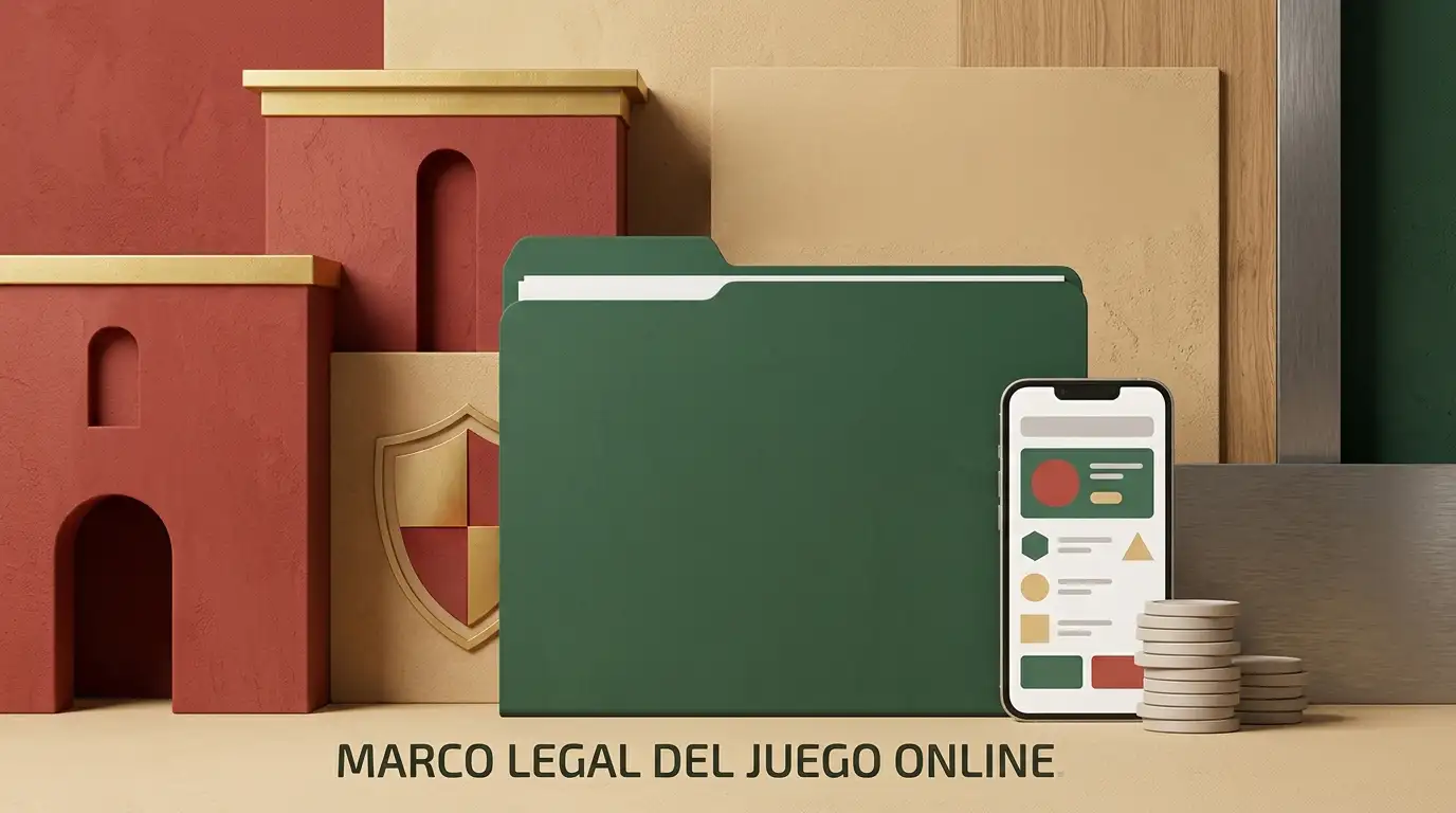 Ilustración editorial del contexto español del juego online con elementos abstractos de regulación y pago digital