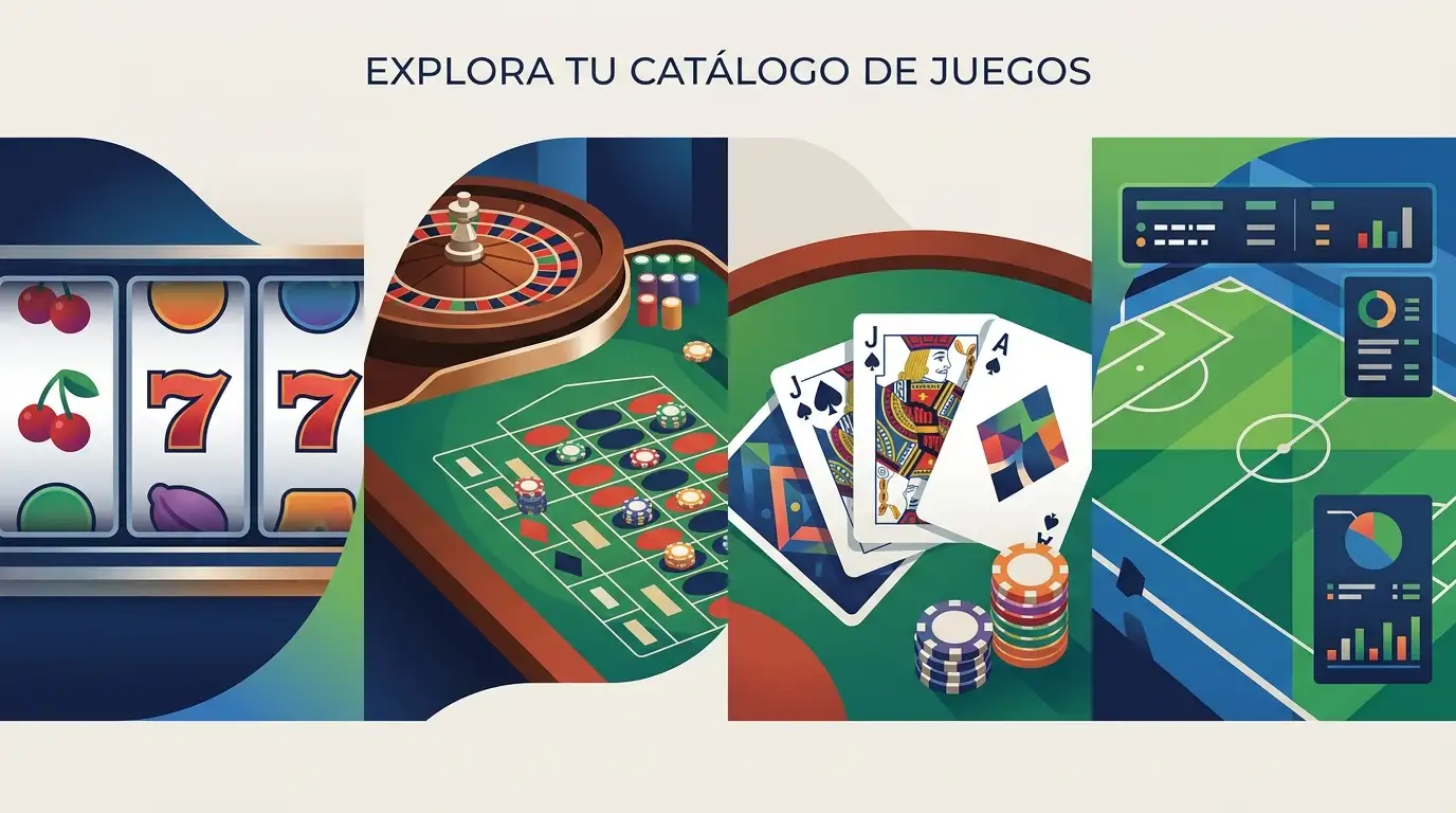 Mosaico editorial genérico con tragaperras, ruleta en vivo, blackjack y un panel de apuestas deportivas sin marcas reales