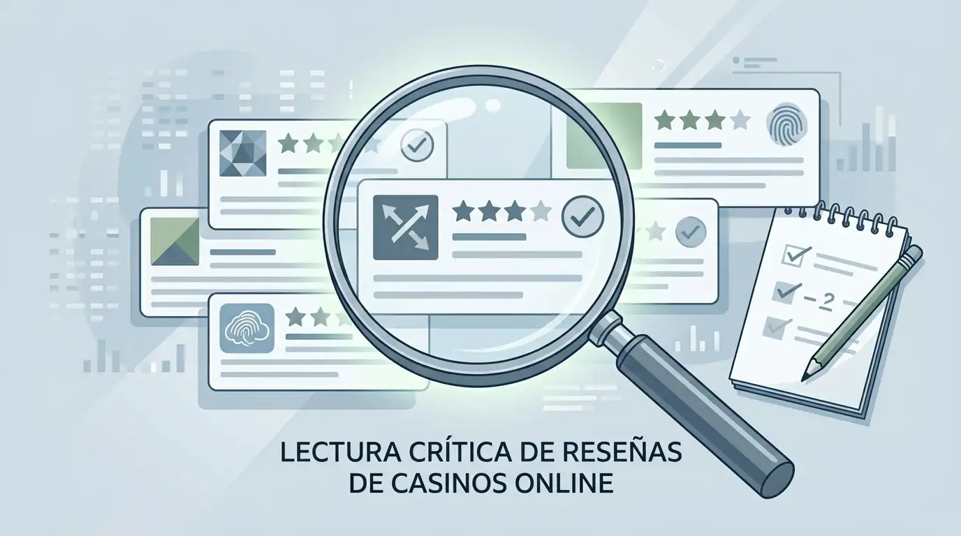 Ilustración editorial de una lupa sobre reseñas genéricas, estrellas y etiquetas de dato verificado o no verificado