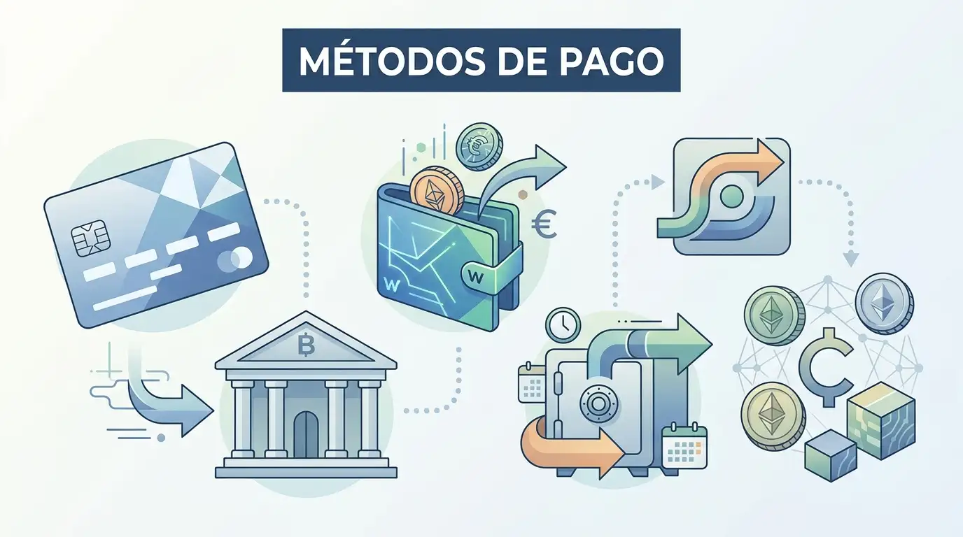 Ilustración editorial genérica con tarjeta bancaria, monedero digital, transferencia y símbolos abstractos de criptomonedas y euro sin logos reales