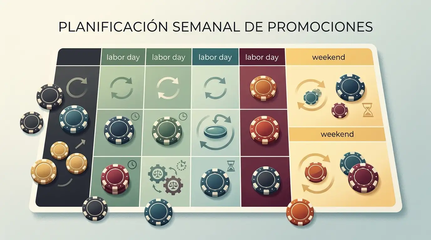 Ilustración editorial de un calendario semanal con fichas, símbolos de recarga y cashback sin marcas comerciales