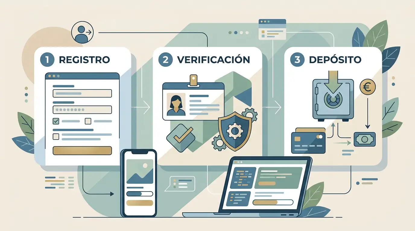 Ilustración editorial de un proceso conceptual de registro con formulario genérico, verificación y depósito en euros sin interfaz real ni marcas