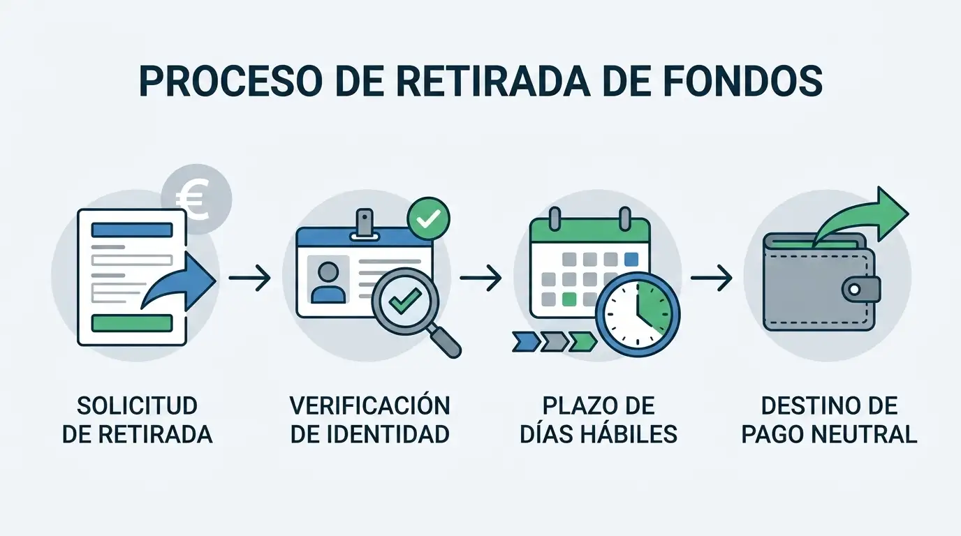 Ilustración editorial de un flujo de retirada con símbolo euro, verificación de identidad y un reloj de días hábiles sin interfaz real ni marcas