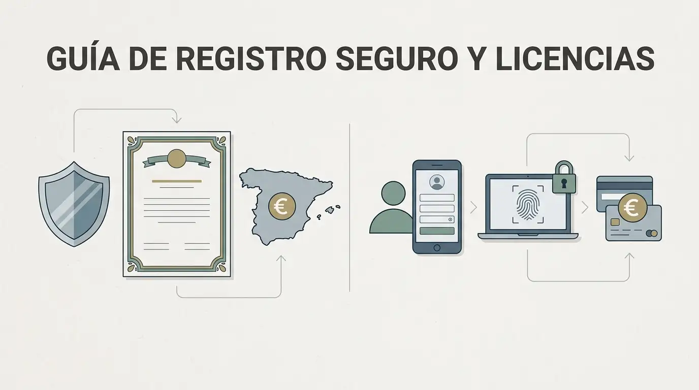 Ilustración editorial de un escudo genérico, un documento de licencia sin sellos reales y un mapa de España