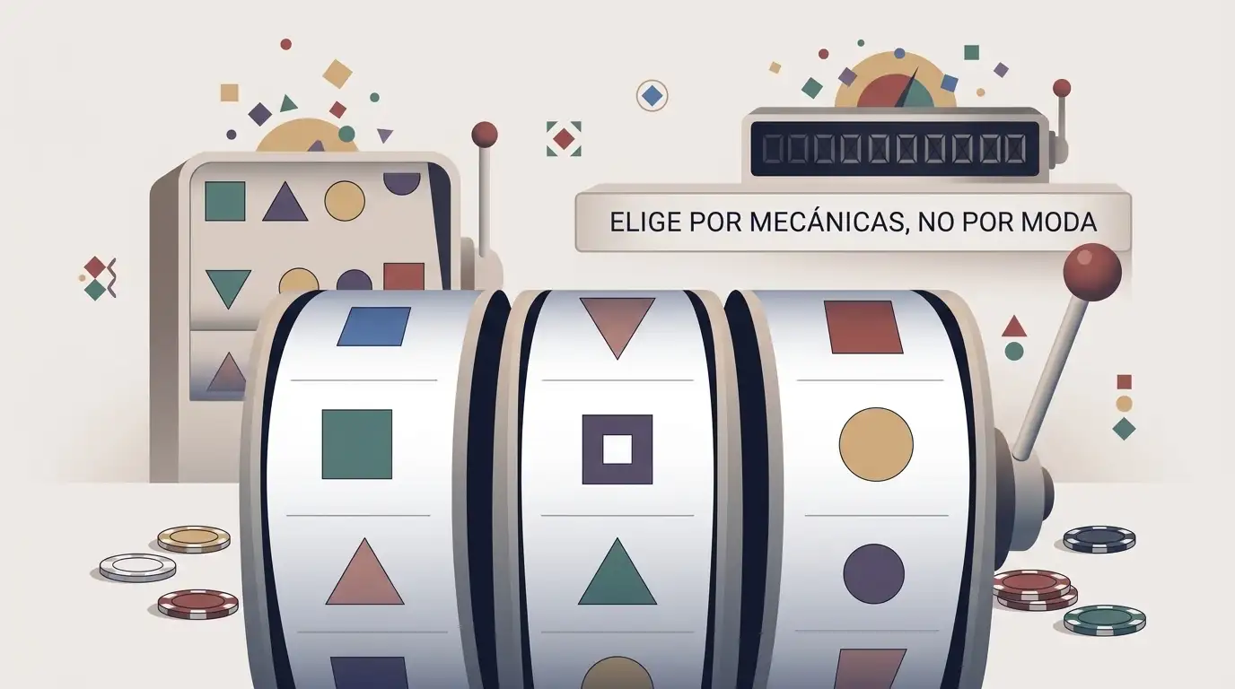 Ilustración editorial genérica de carretes de tragaperras, símbolos abstractos y un medidor de jackpot sin marcas reales