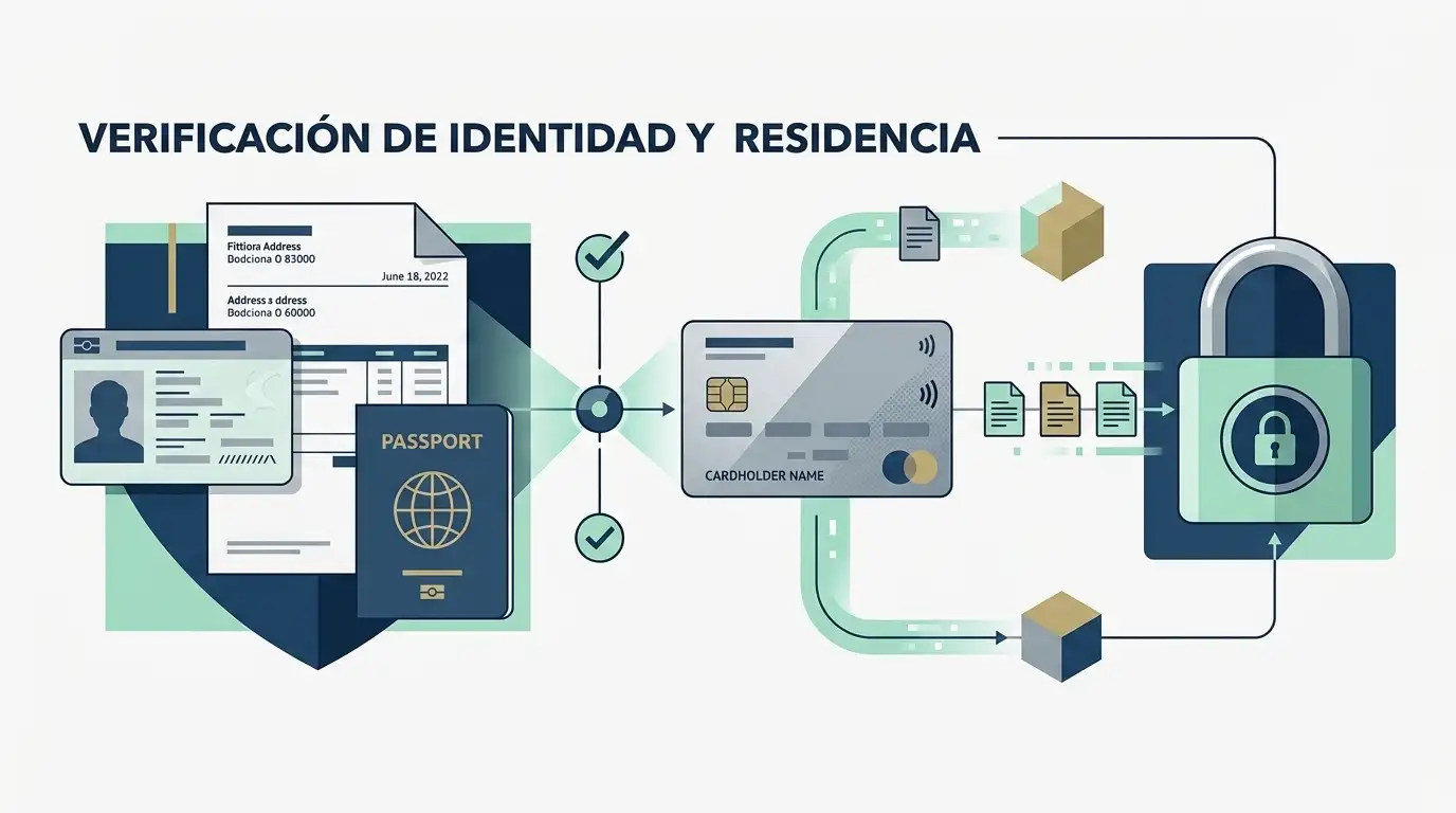 Ilustración editorial de documentos de identidad y residencia genéricos junto a un candado digital, sin datos personales reales